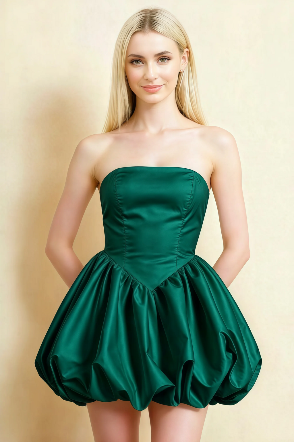Annie Emerald Green Satin Corset Bow Mini Dress with Bubble Hems