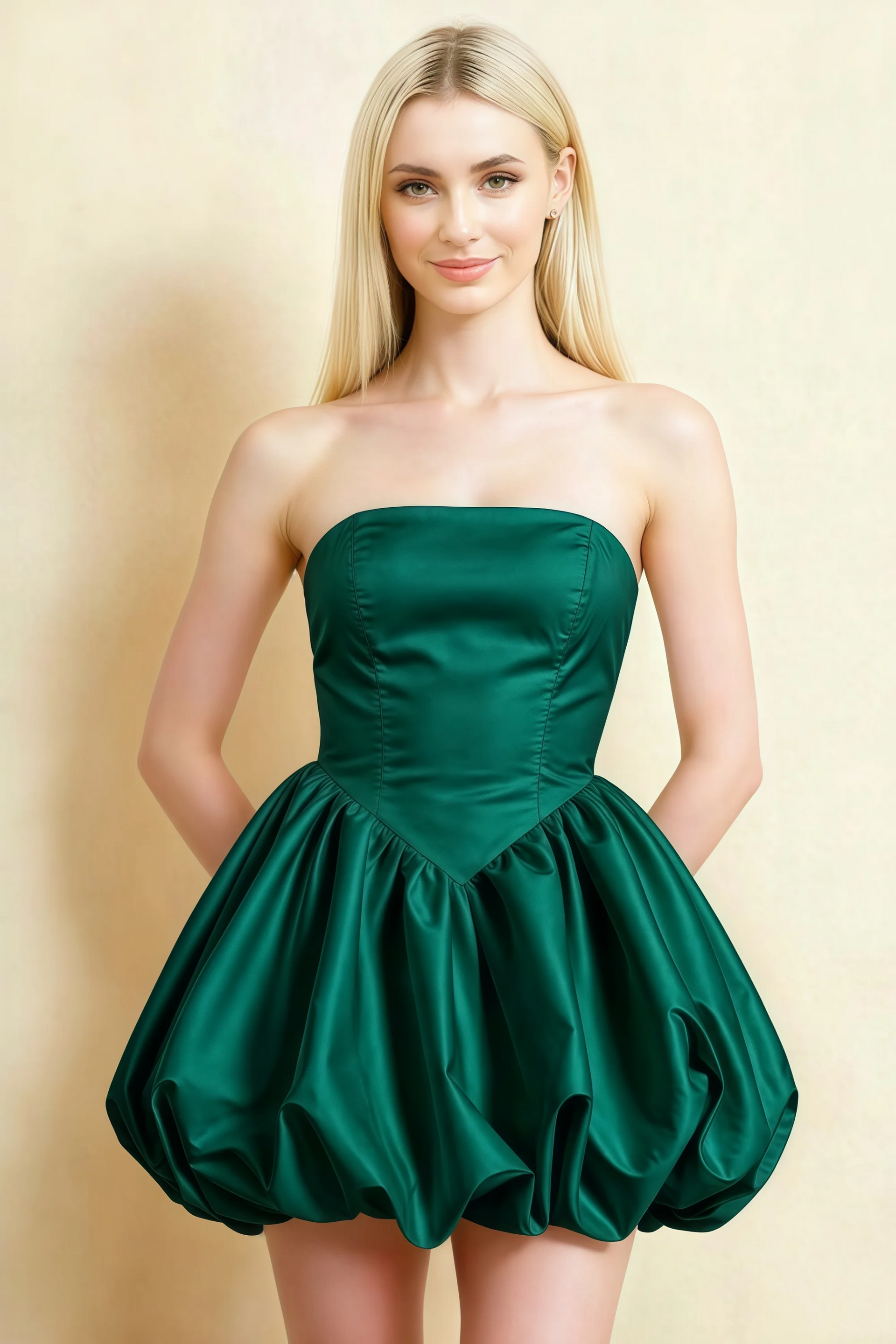 Annie Emerald Green Satin Corset Bow Mini Dress with Bubble Hems
