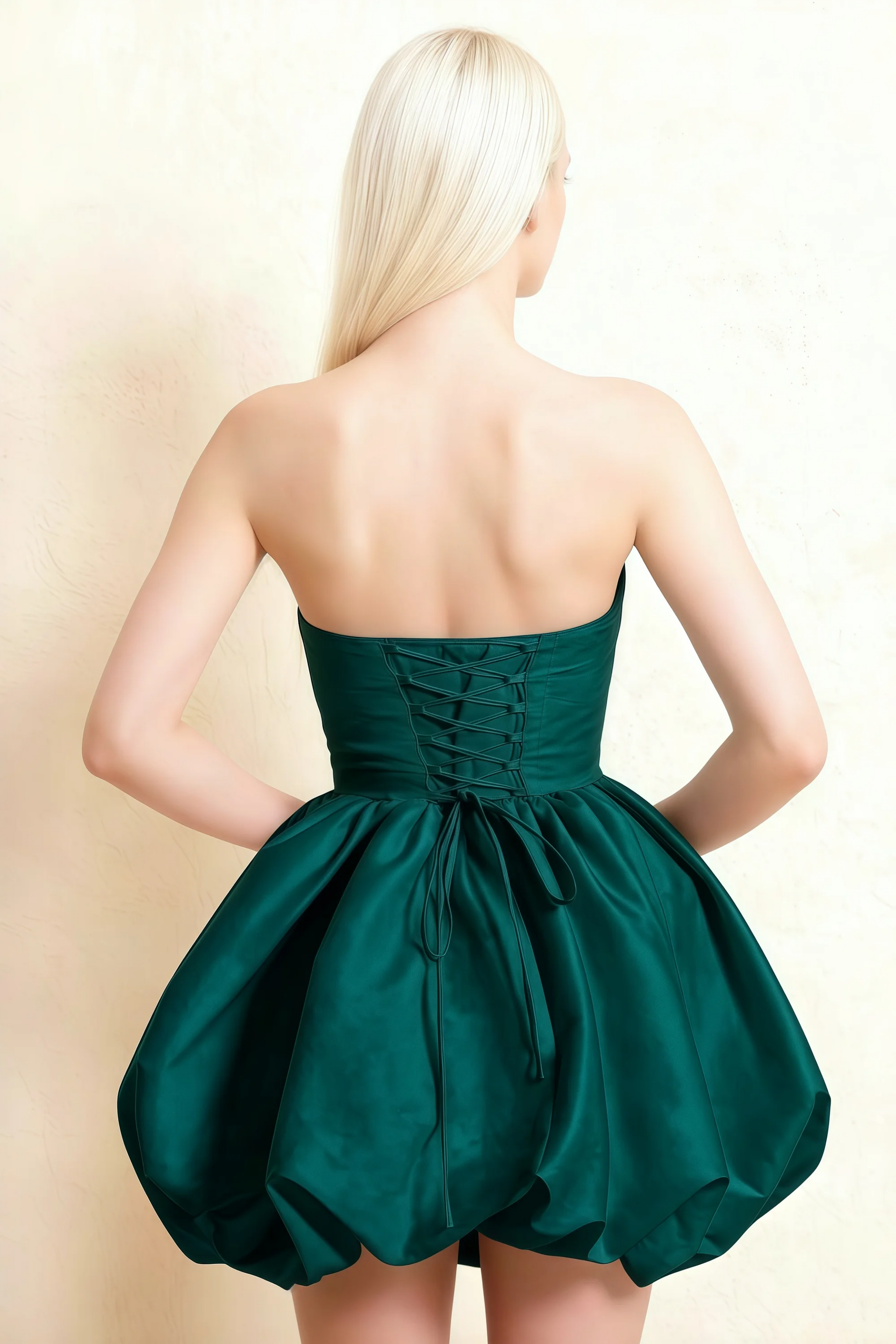 Annie Emerald Green Satin Corset Bow Mini Dress with Bubble Hems