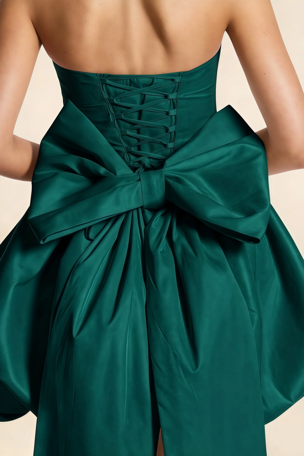 Annie Emerald Green Satin Corset Bow Mini Dress with Bubble Hems