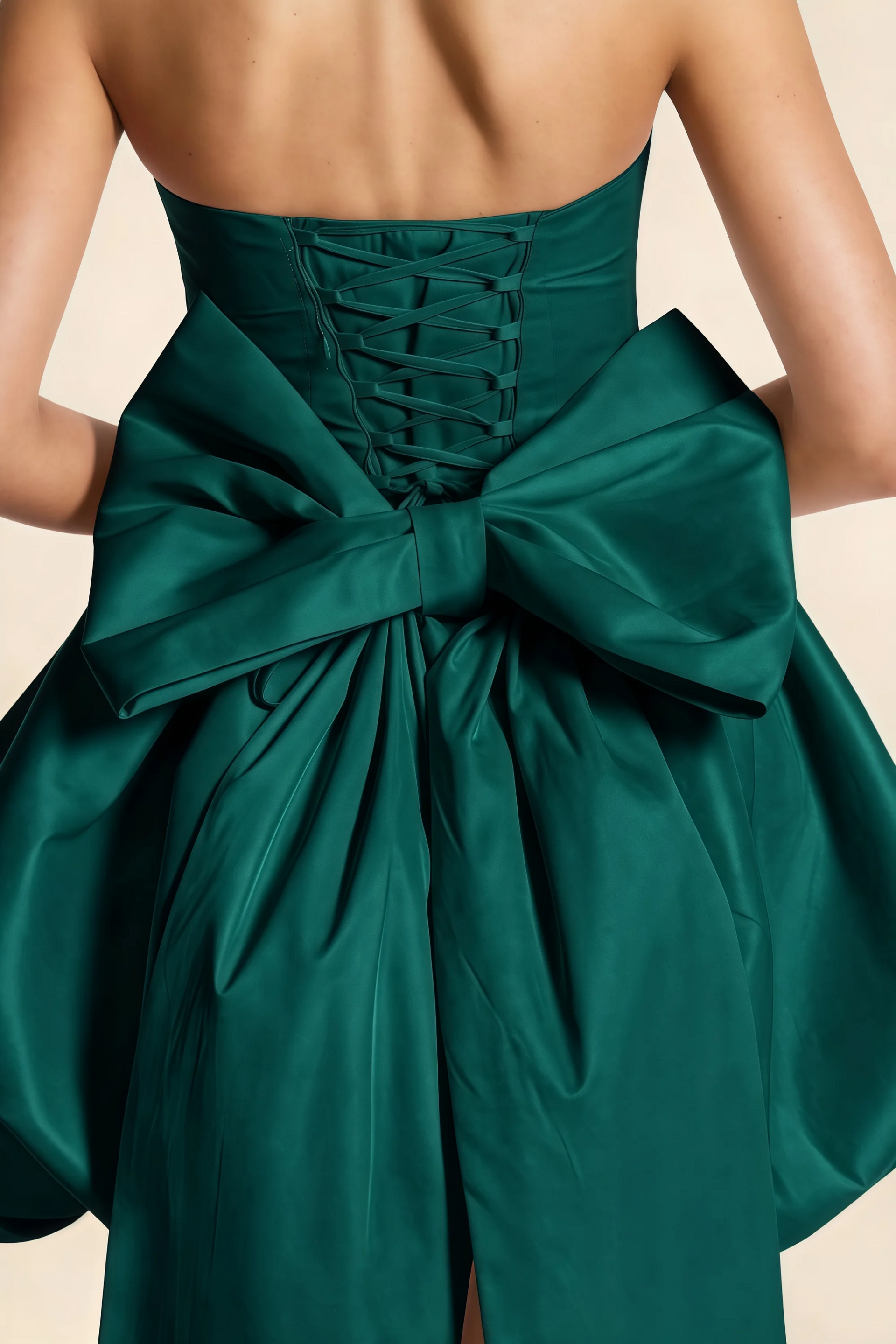 Annie Emerald Green Satin Corset Bow Mini Dress with Bubble Hems