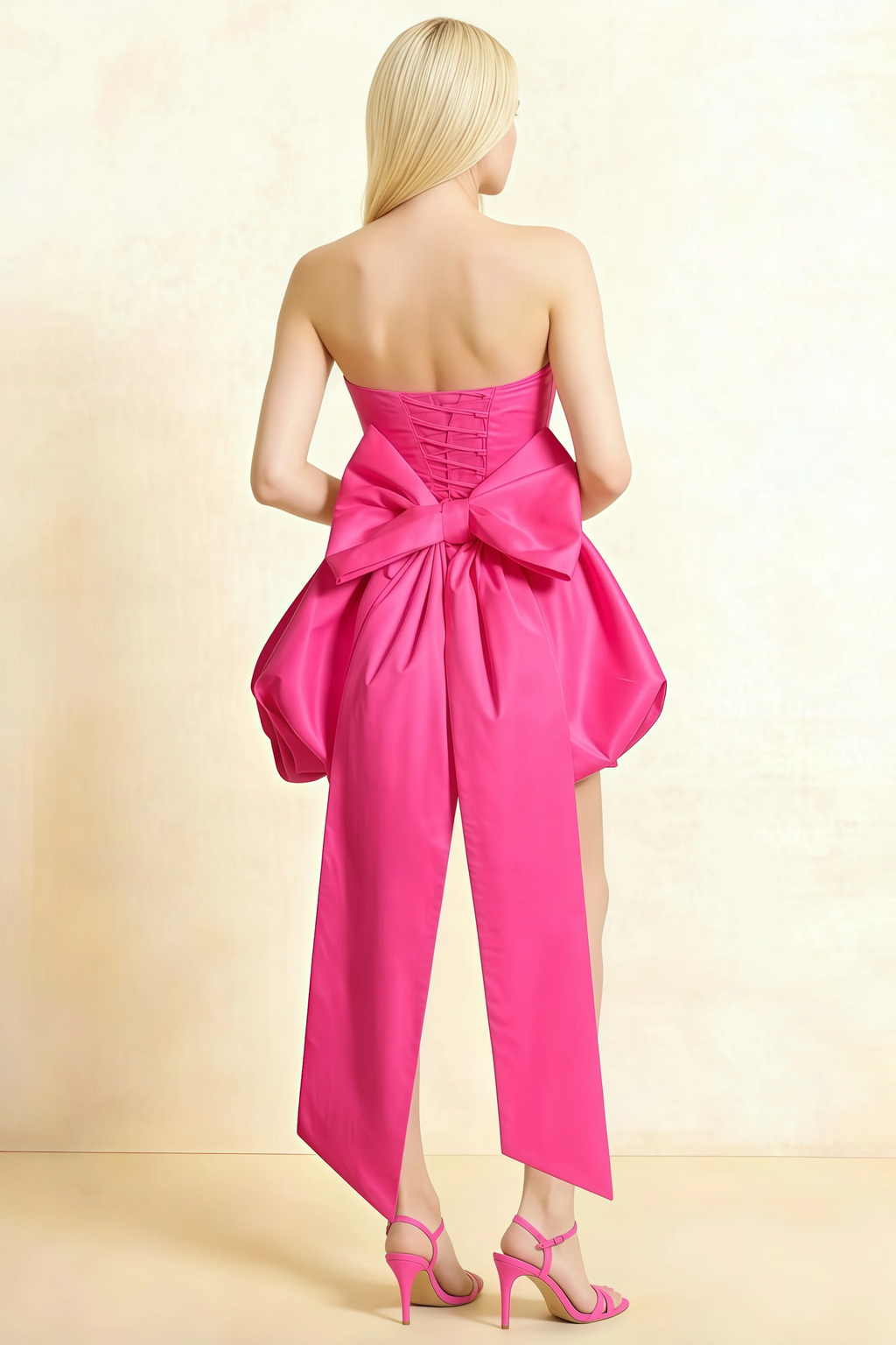 Annie Hot Pink Satin Corset Bow Mini Dress with Bubble Hems