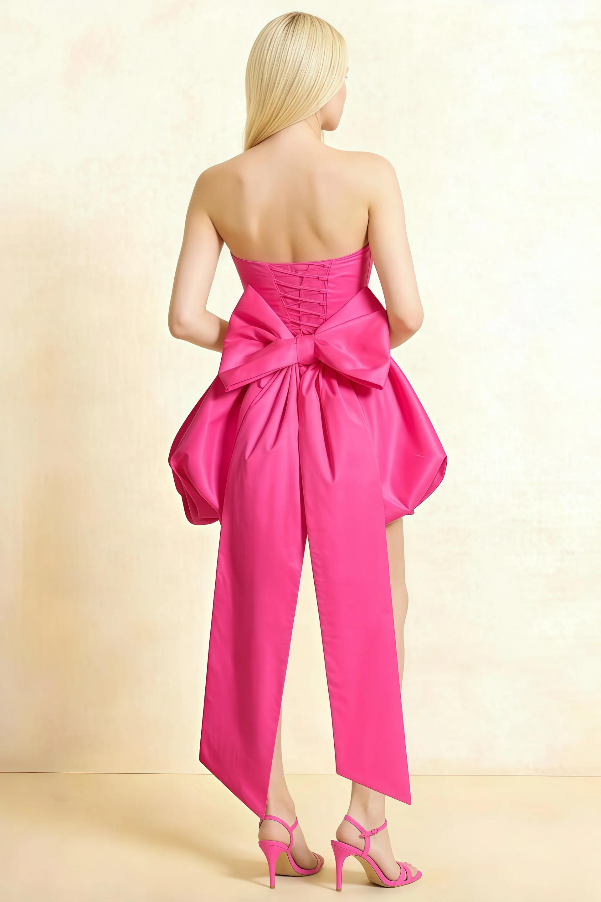 Annie Hot Pink Satin Corset Bow Mini Dress with Bubble Hems