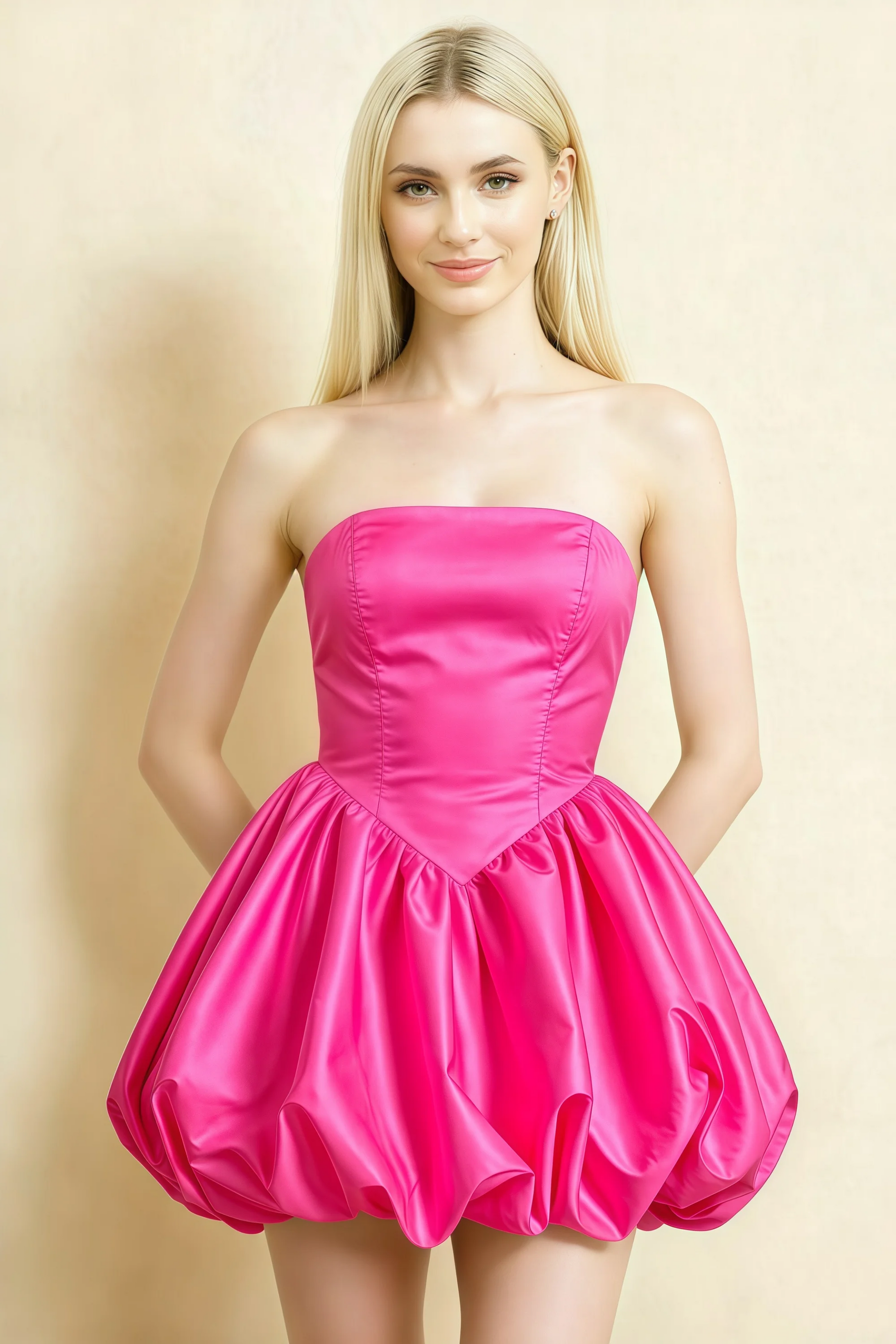 Annie Hot Pink Satin Corset Bow Mini Dress with Bubble Hems