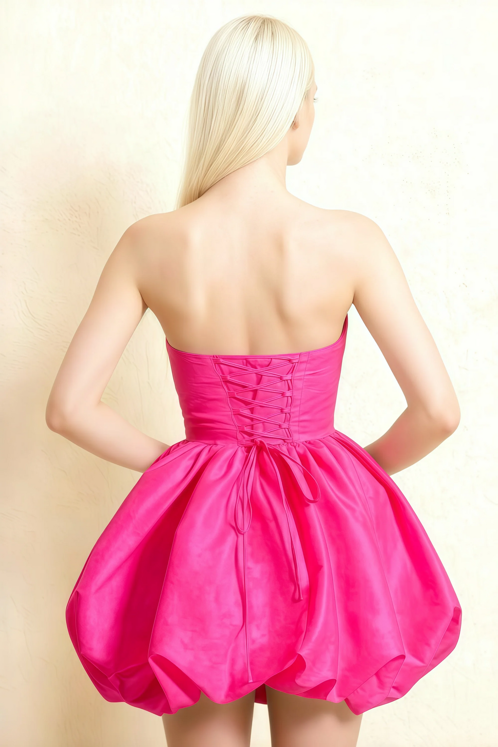 Annie Hot Pink Satin Corset Bow Mini Dress with Bubble Hems