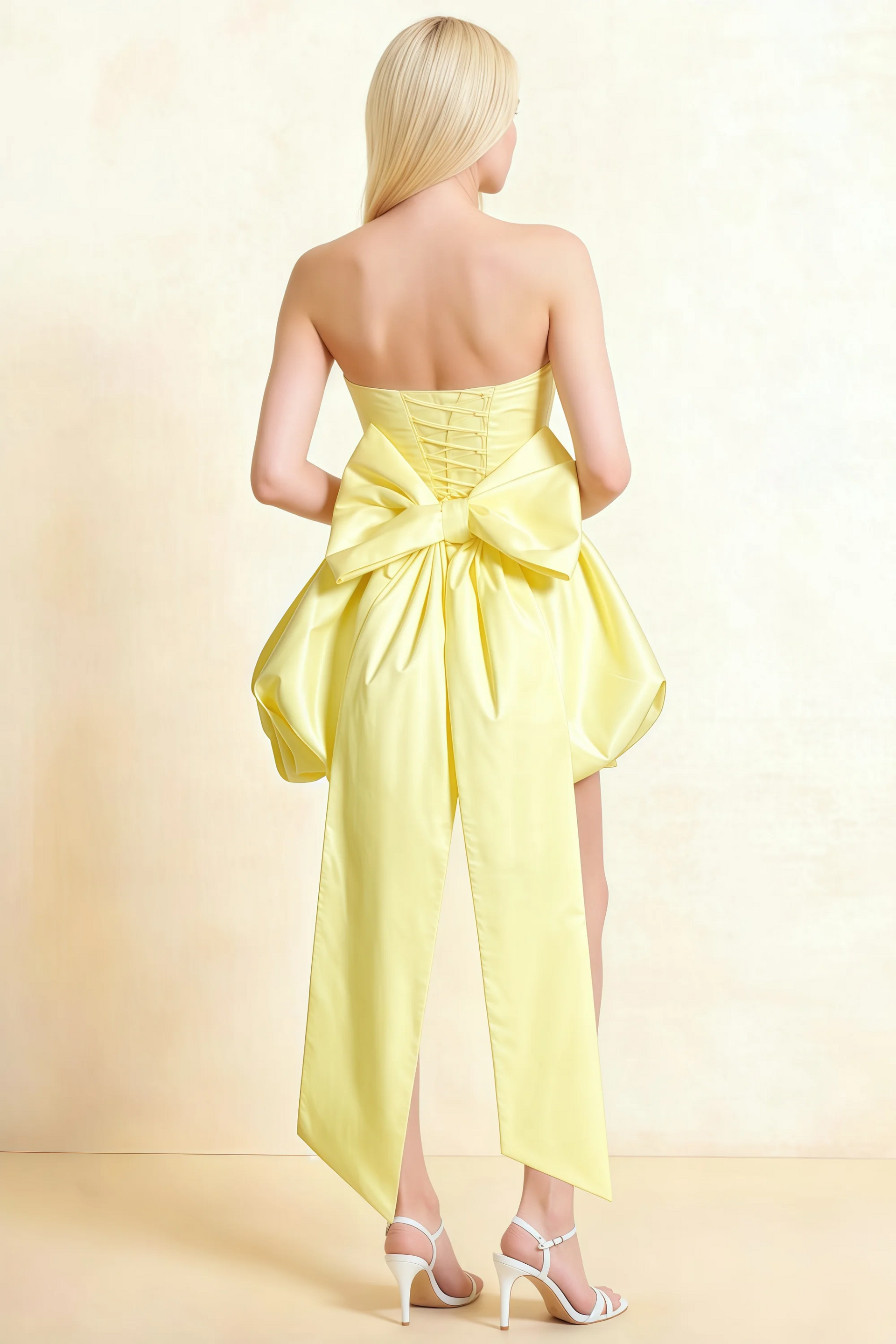 Annie Lemon Satin Corset Bow Mini Dress with Bubble Hems