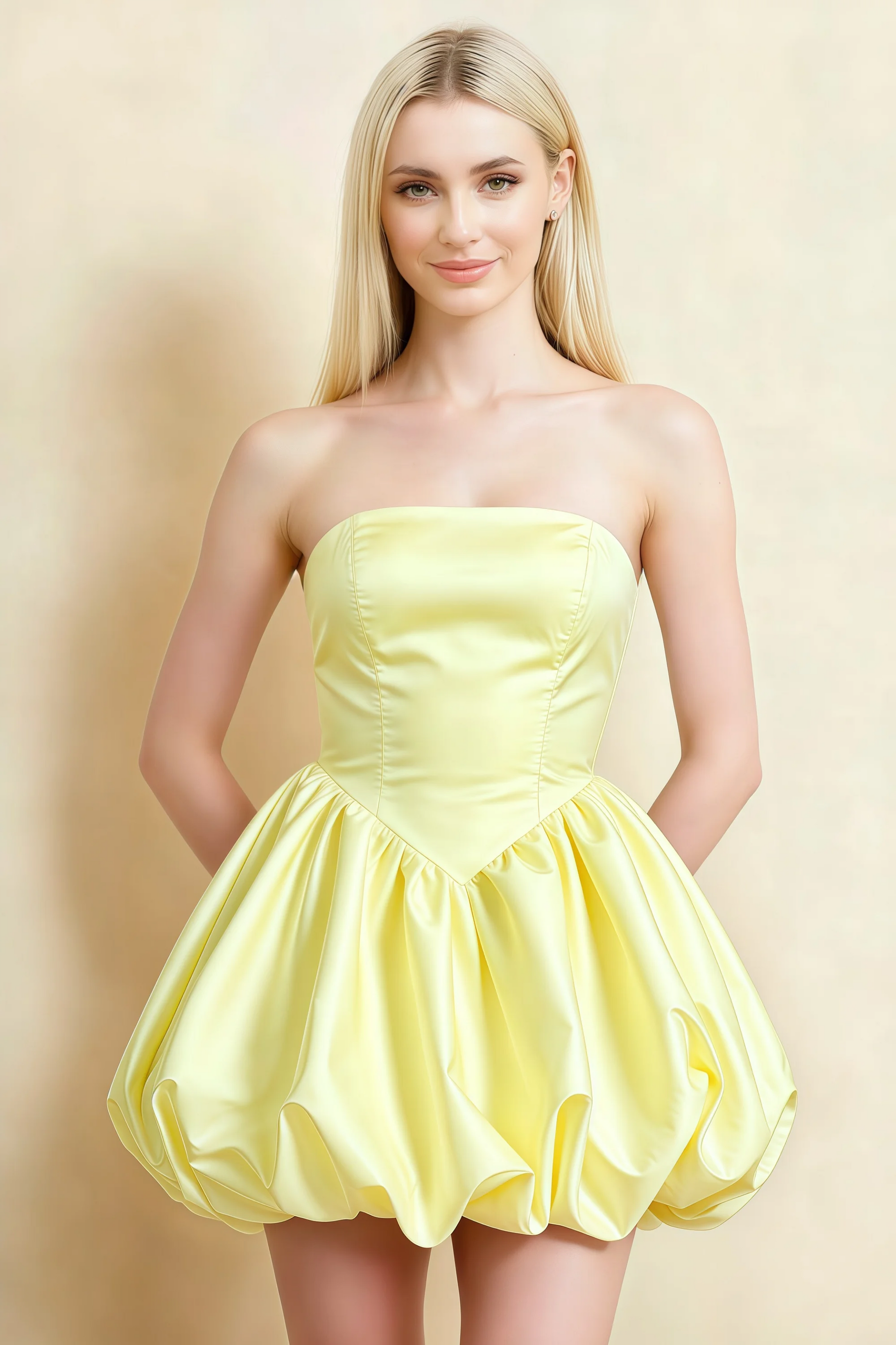 Annie Lemon Satin Corset Bow Mini Dress with Bubble Hems