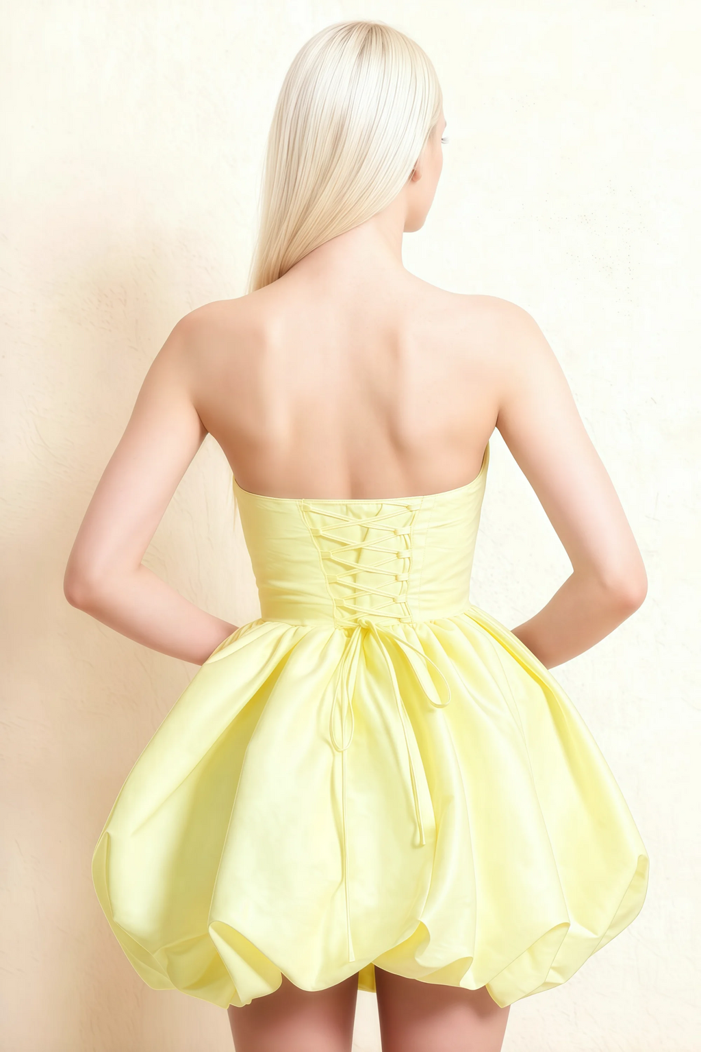 Annie Lemon Satin Corset Bow Mini Dress with Bubble Hems
