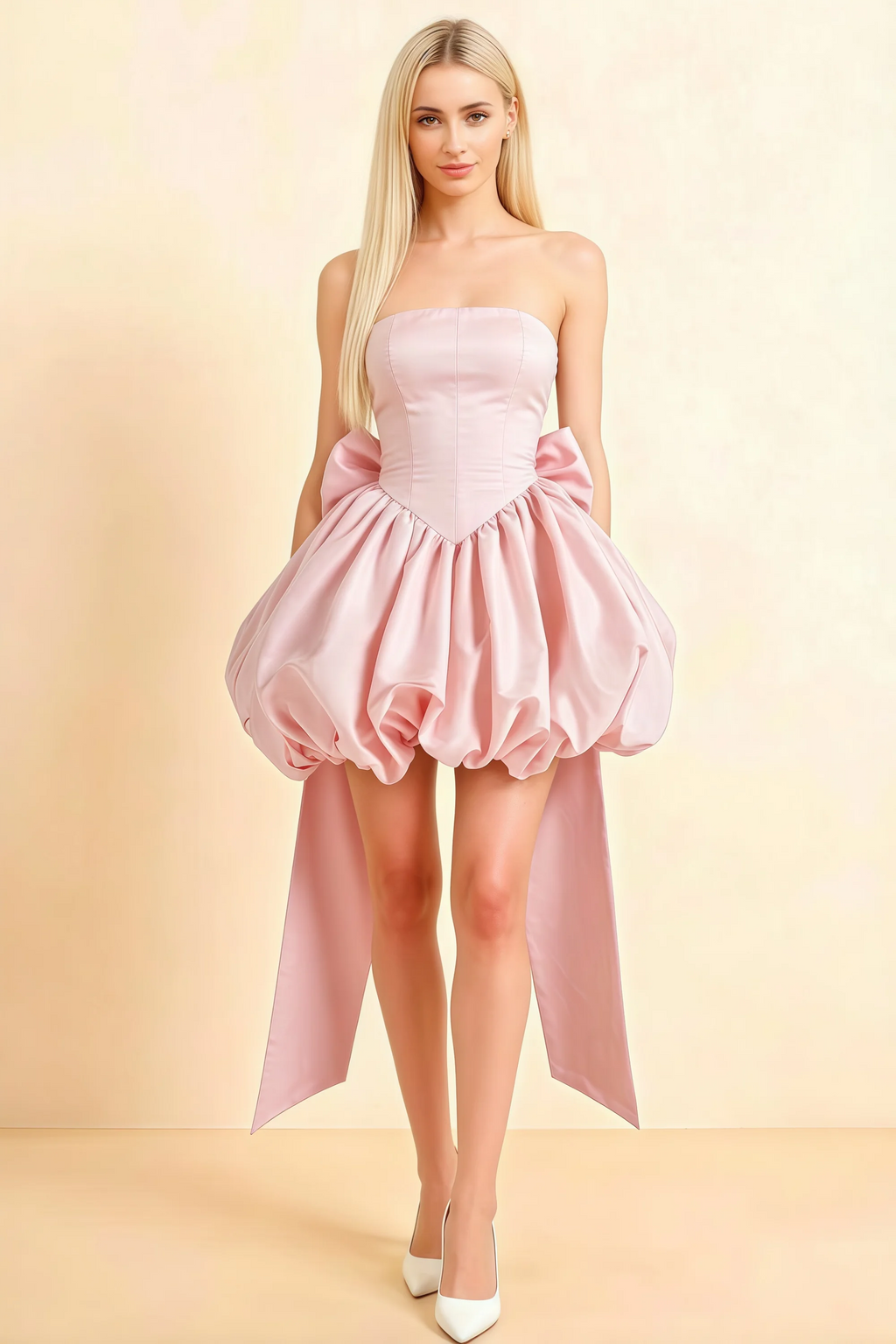 Annie Light Pink Satin Corset Bow Mini Dress with Bubble Hems