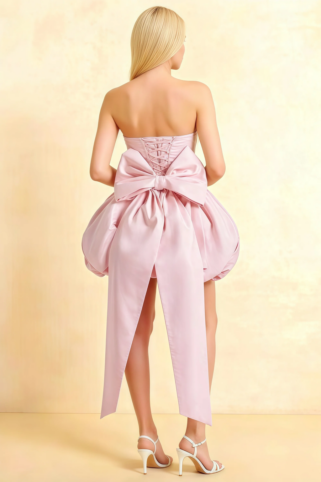 Annie Light Pink Satin Corset Bow Mini Dress with Bubble Hems