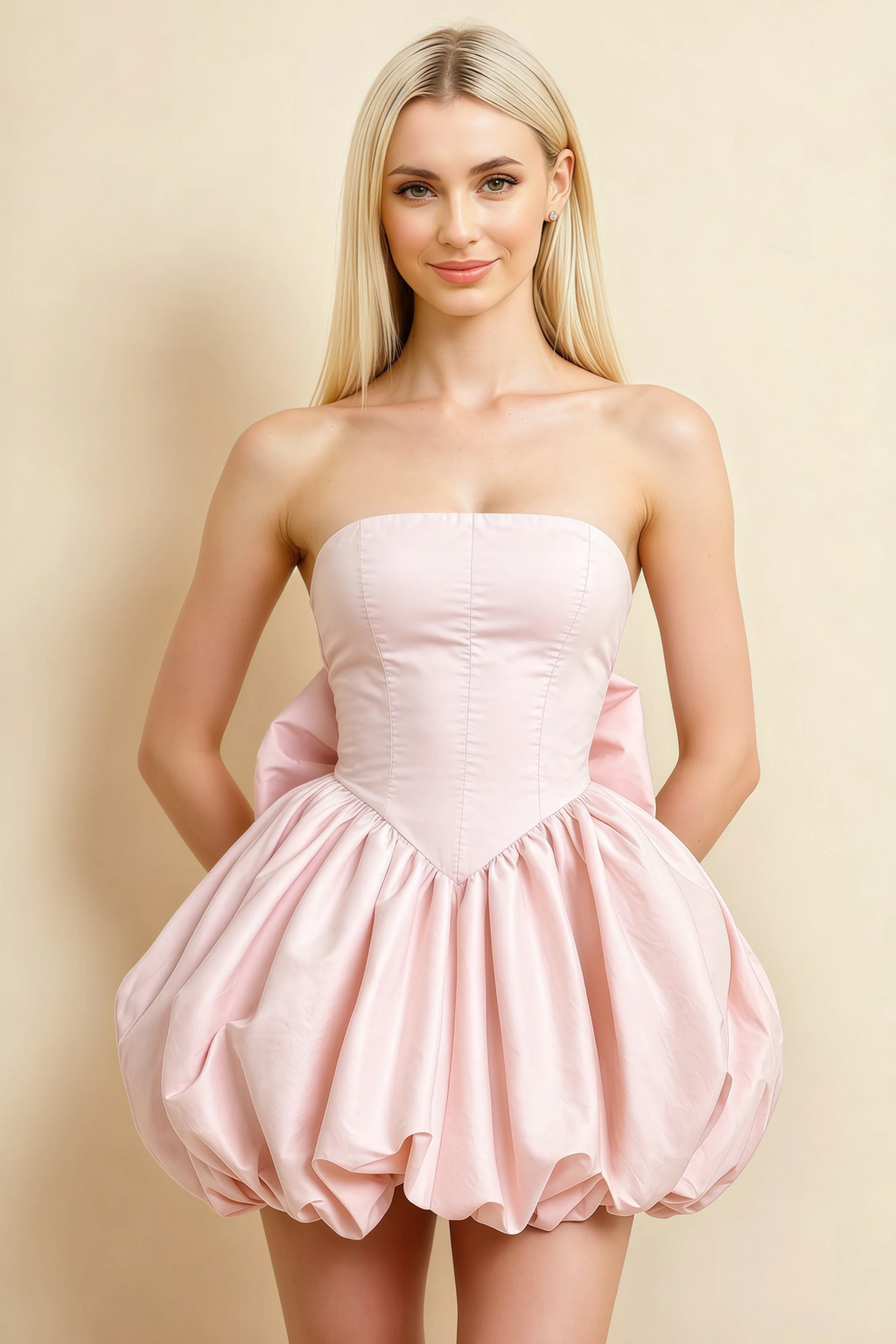 Annie Light Pink Satin Corset Bow Mini Dress with Bubble Hems