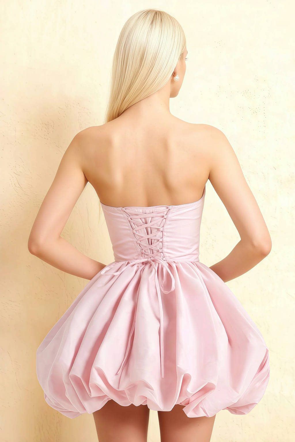 Annie Light Pink Satin Corset Bow Mini Dress with Bubble Hems