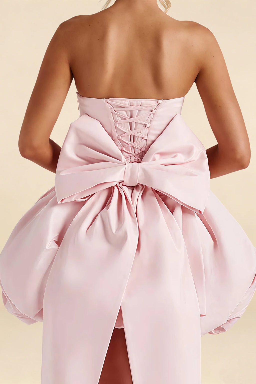Annie Light Pink Satin Corset Bow Mini Dress with Bubble Hems