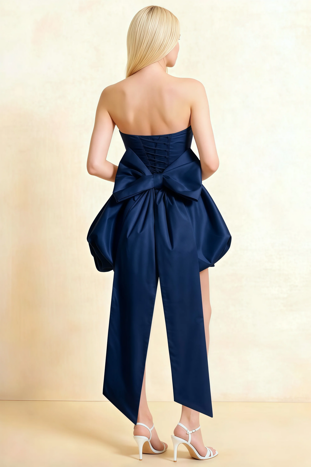 Annie Navy Satin Corset Bow Mini Dress with Bubble Hems