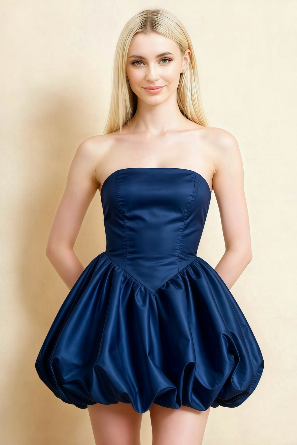 Annie Navy Satin Corset Bow Mini Dress with Bubble Hems