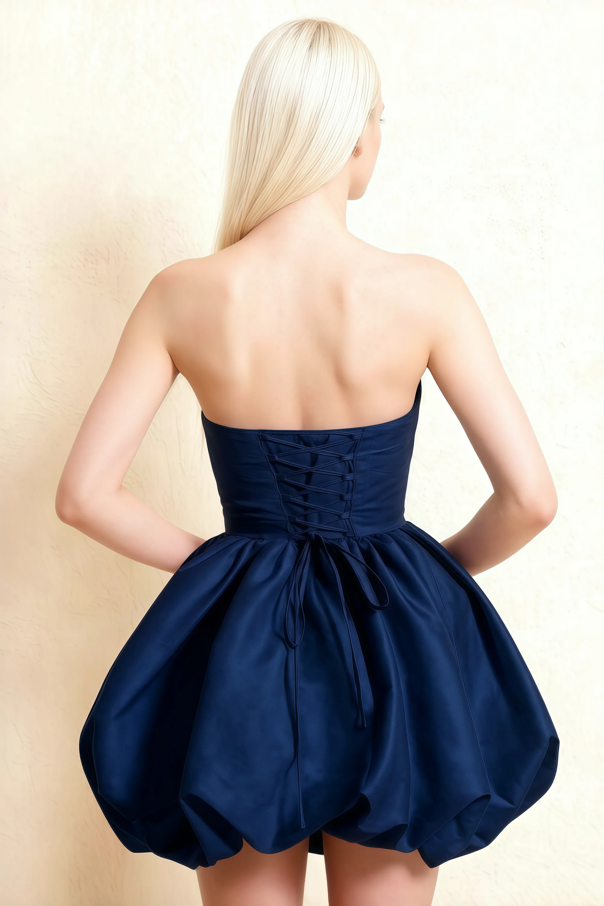 Annie Navy Satin Corset Bow Mini Dress with Bubble Hems
