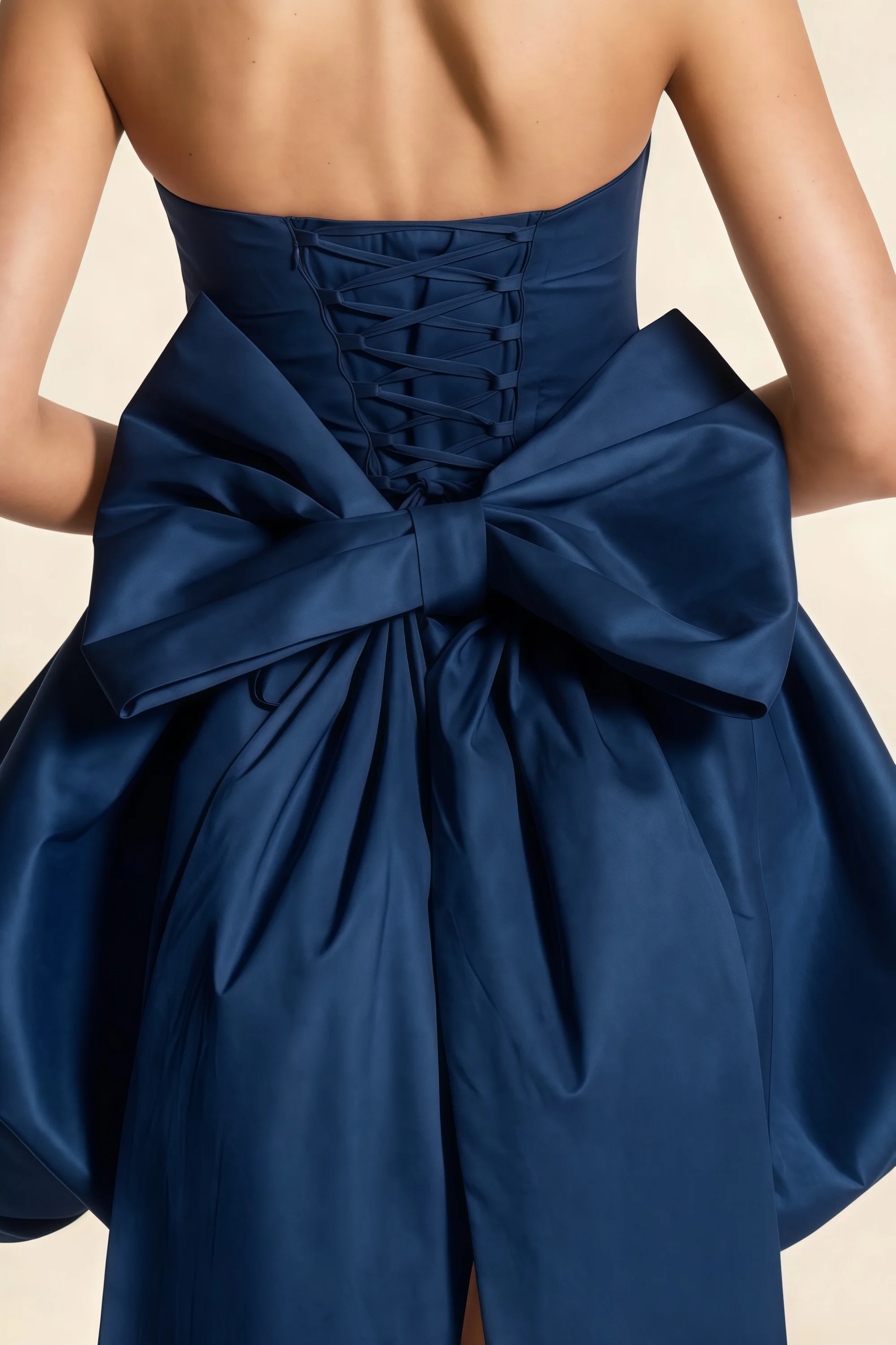 Annie Navy Satin Corset Bow Mini Dress with Bubble Hems