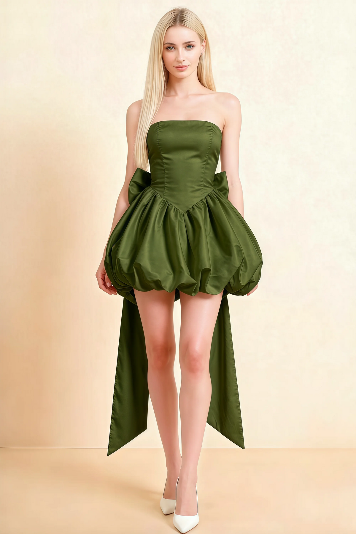 Olive satin corset bow mini dress with bubble hems and detachable oversized back bow, front view on model showcasing high-low asymmetrical hem. Imagen principal del producto