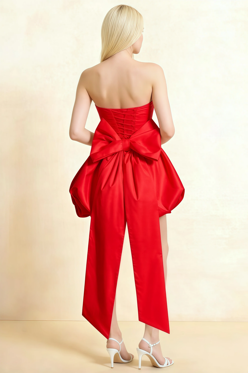 Annie Red Satin Corset Bow Mini Dress with Bubble Hems