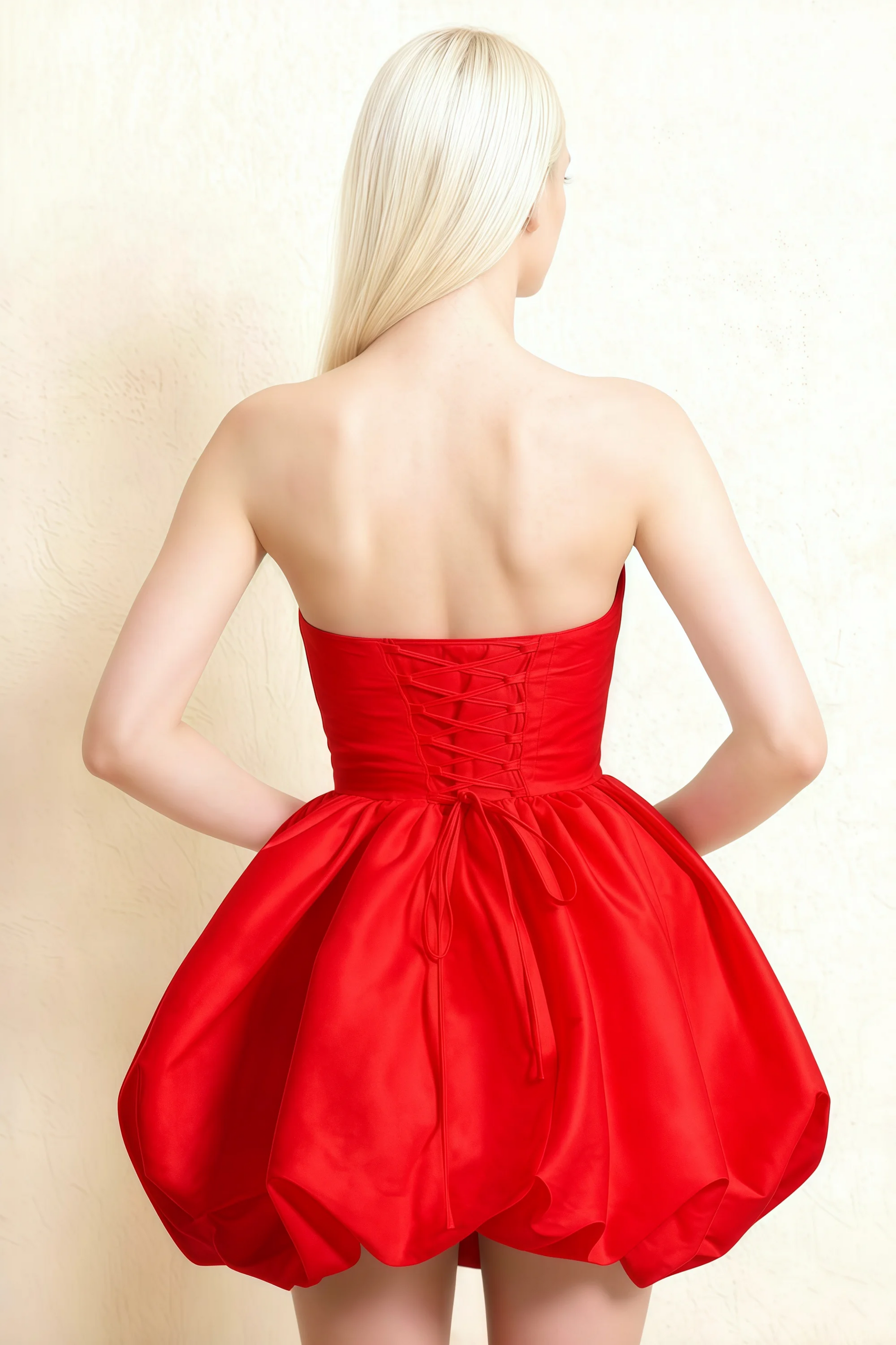 Annie Red Satin Corset Bow Mini Dress with Bubble Hems