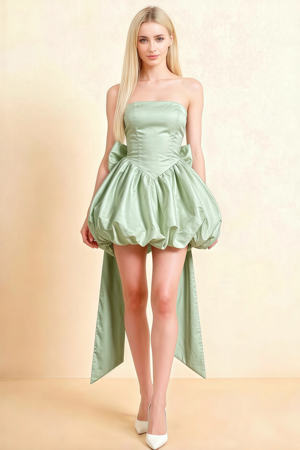 Annie Sage Green Satin Corset Bow Mini Dress with Bubble Hems