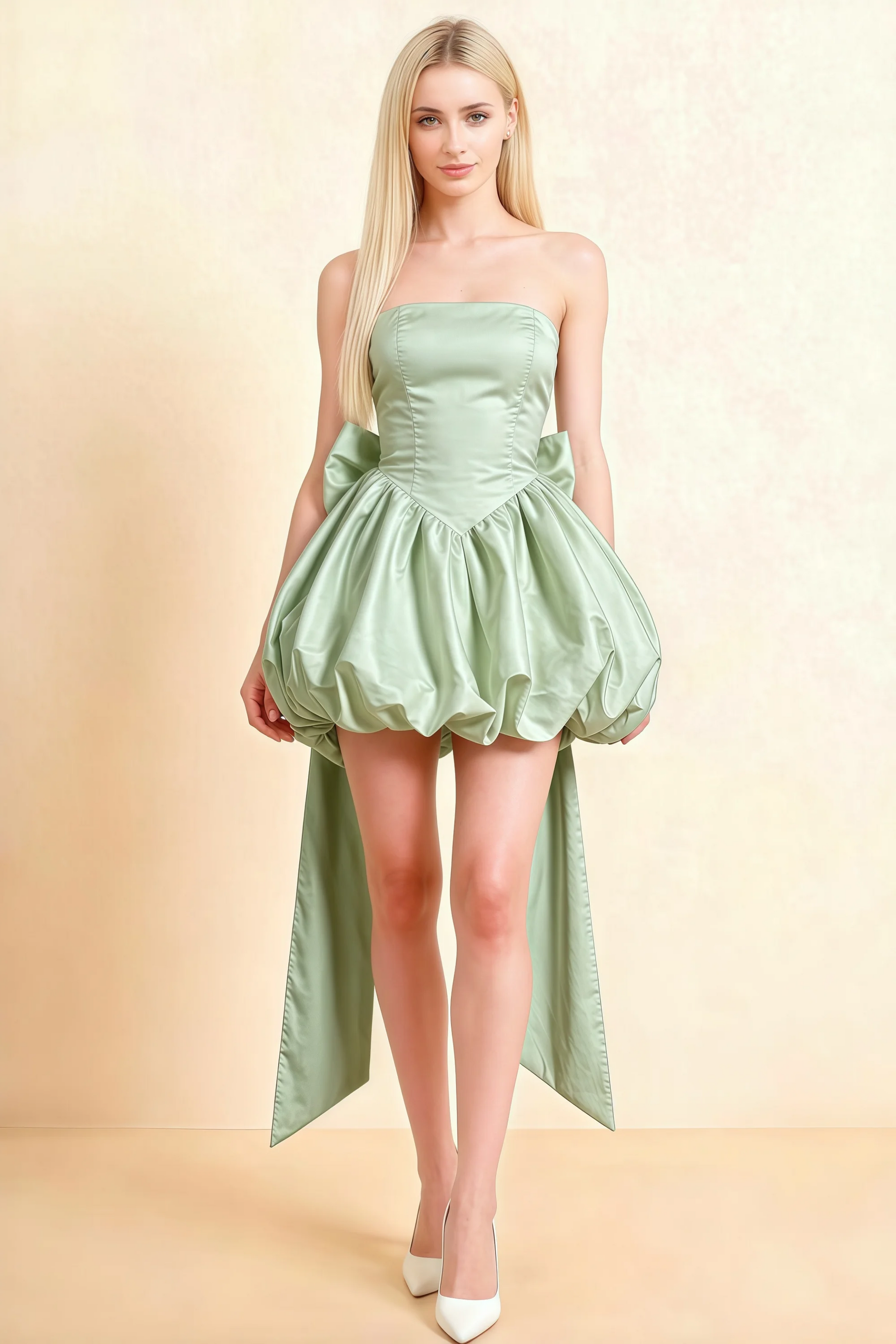 Annie Sage Green Satin Corset Bow Mini Dress with Bubble Hems