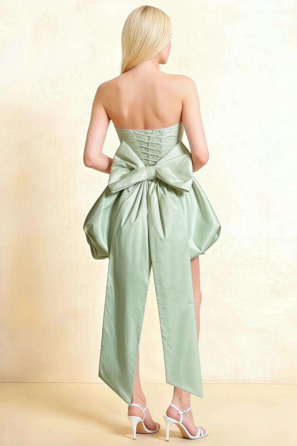 Annie Sage Green Satin Corset Bow Mini Dress with Bubble Hems