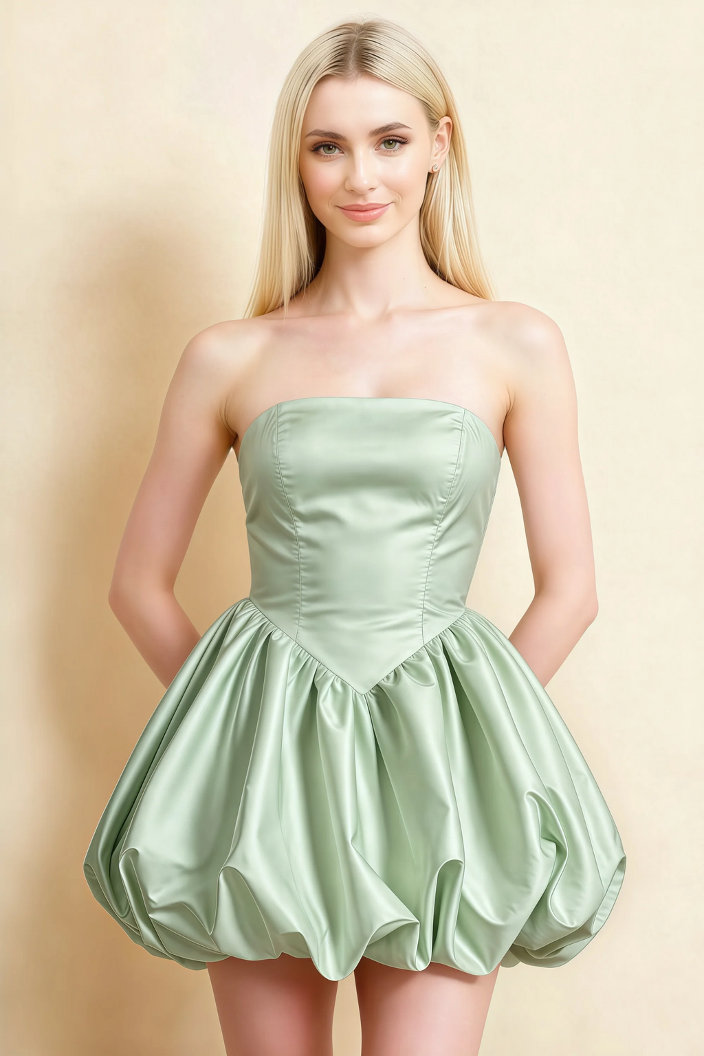 Annie Sage Green Satin Corset Bow Mini Dress with Bubble Hems
