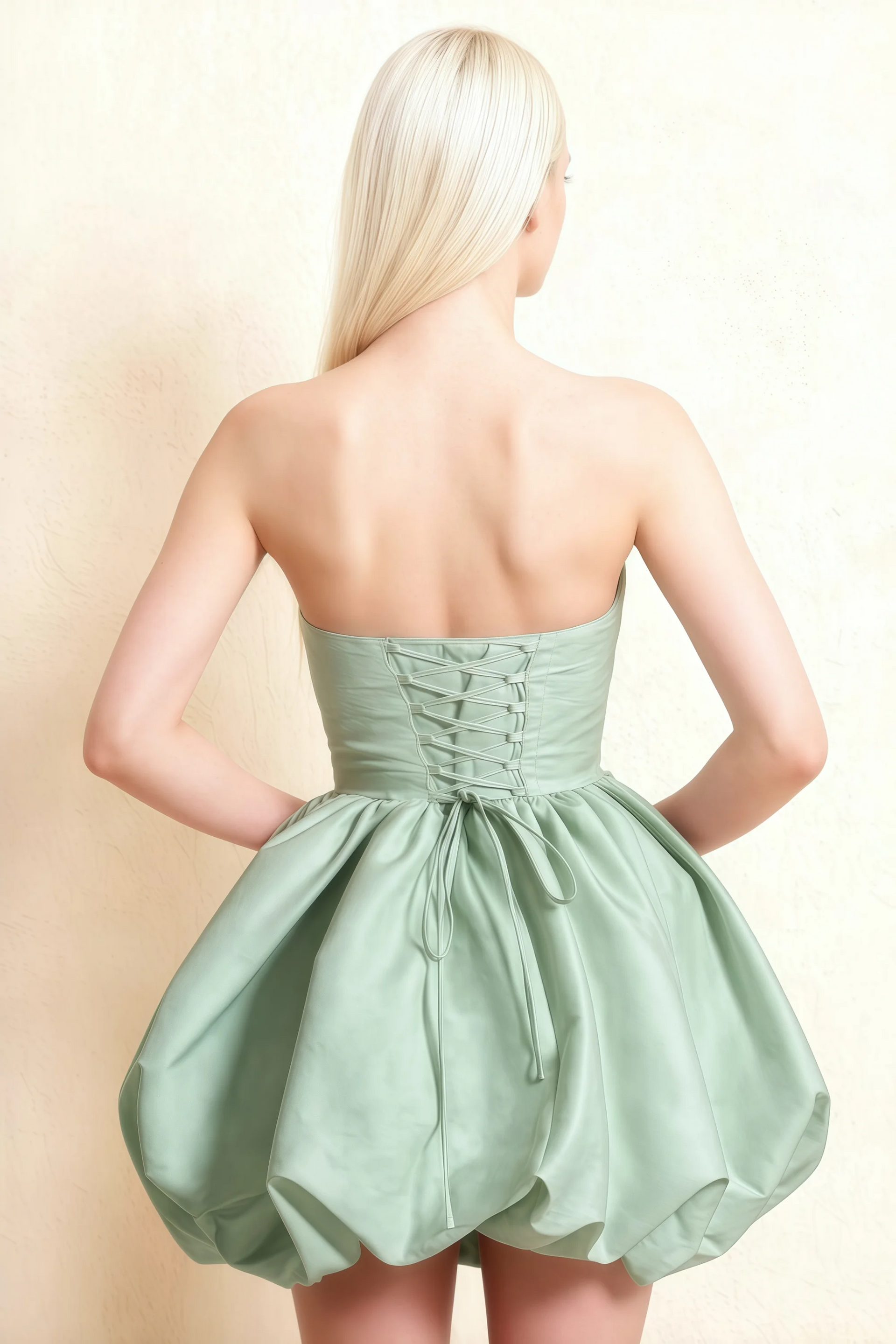 Annie Sage Green Satin Corset Bow Mini Dress with Bubble Hems