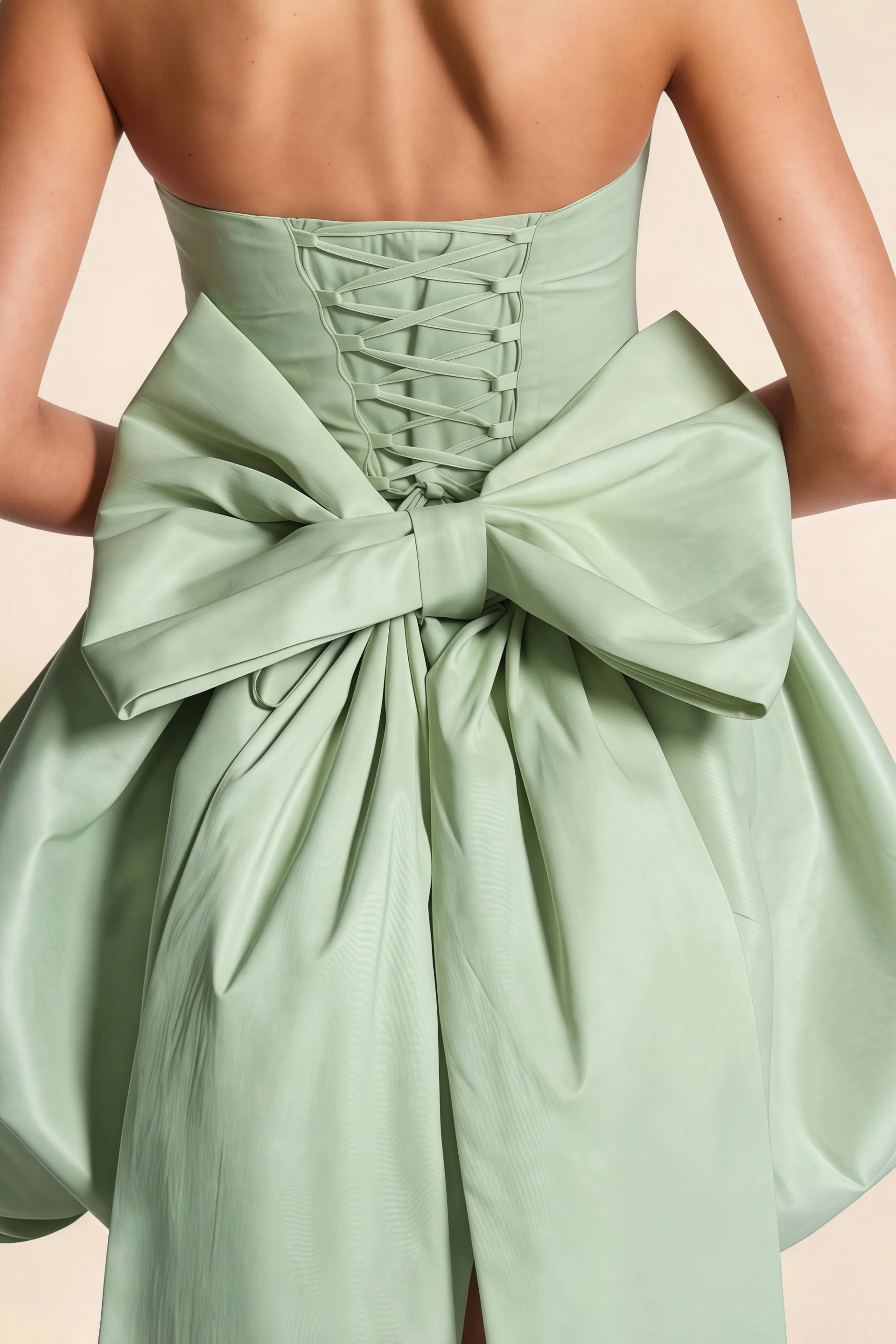 Annie Sage Green Satin Corset Bow Mini Dress with Bubble Hems
