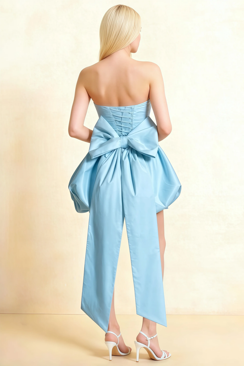 Annie Sky Blue Satin Corset Bow Mini Dress with Bubble Hems