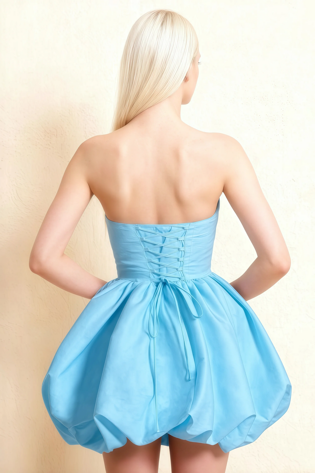 Annie Sky Blue Satin Corset Bow Mini Dress with Bubble Hems