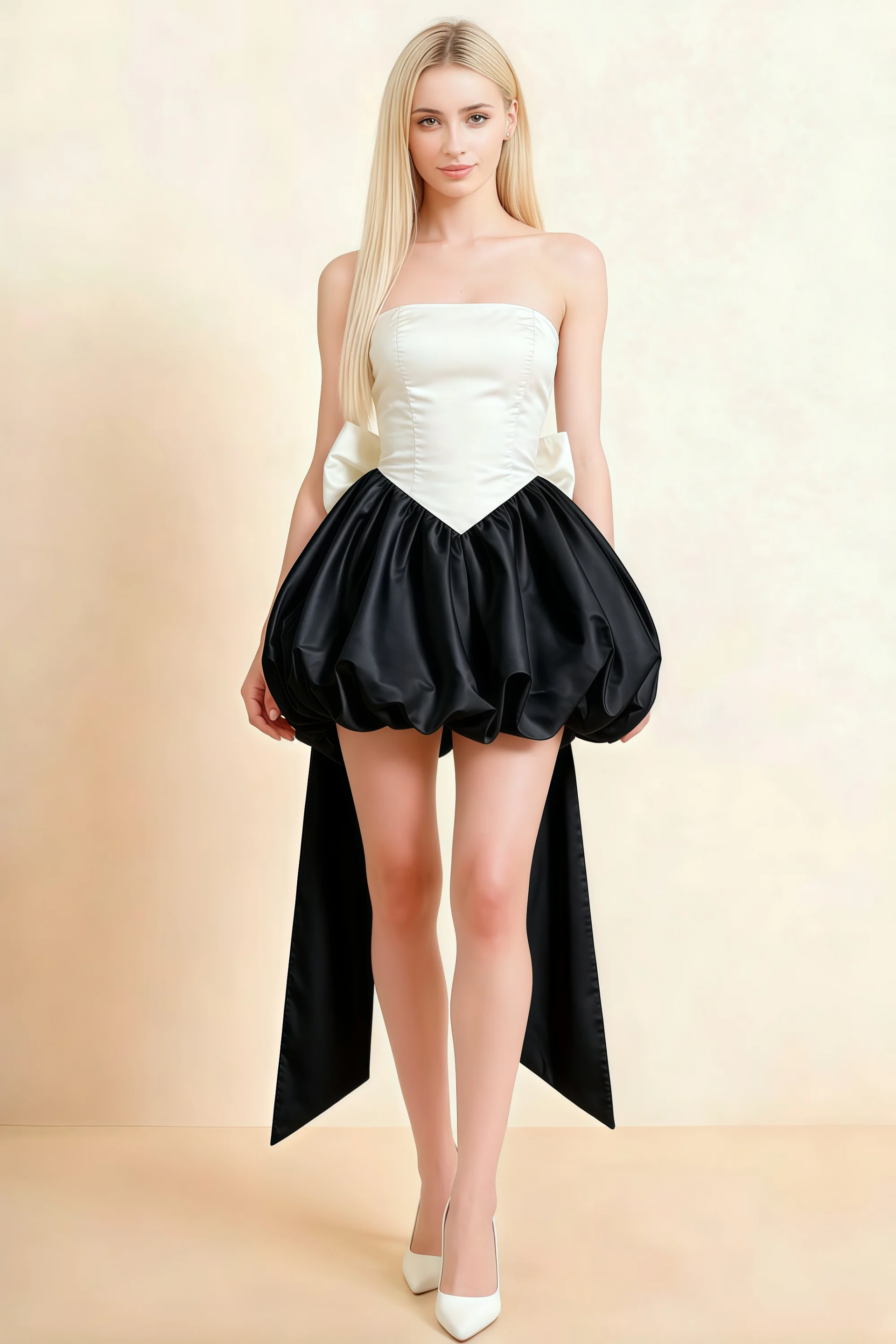 Annie White and Black Satin Corset Bow Mini Dress with Bubble Hems