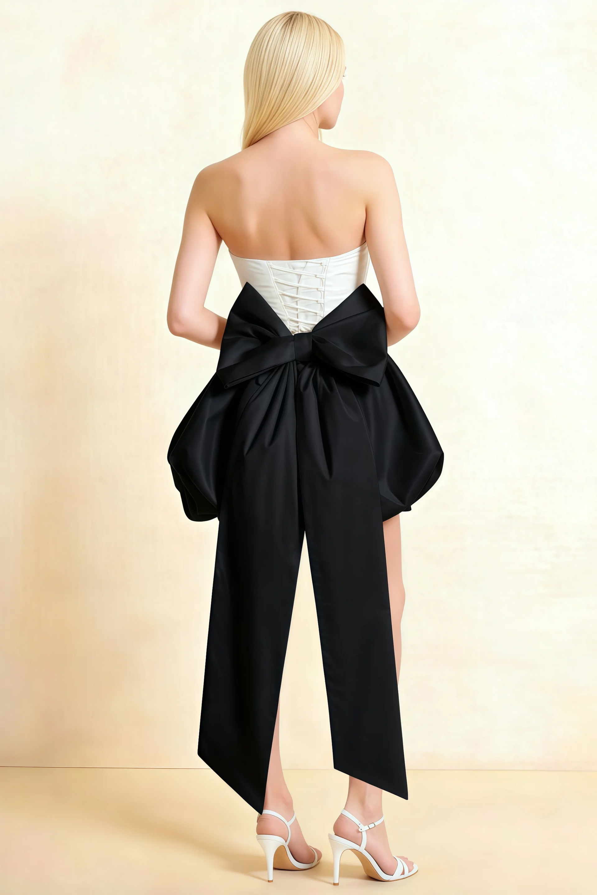 Annie White and Black Satin Corset Bow Mini Dress with Bubble Hems
