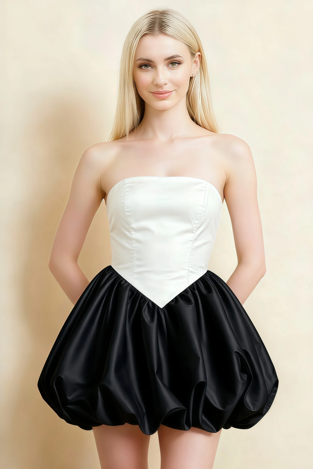 Annie White and Black Satin Corset Bow Mini Dress with Bubble Hems