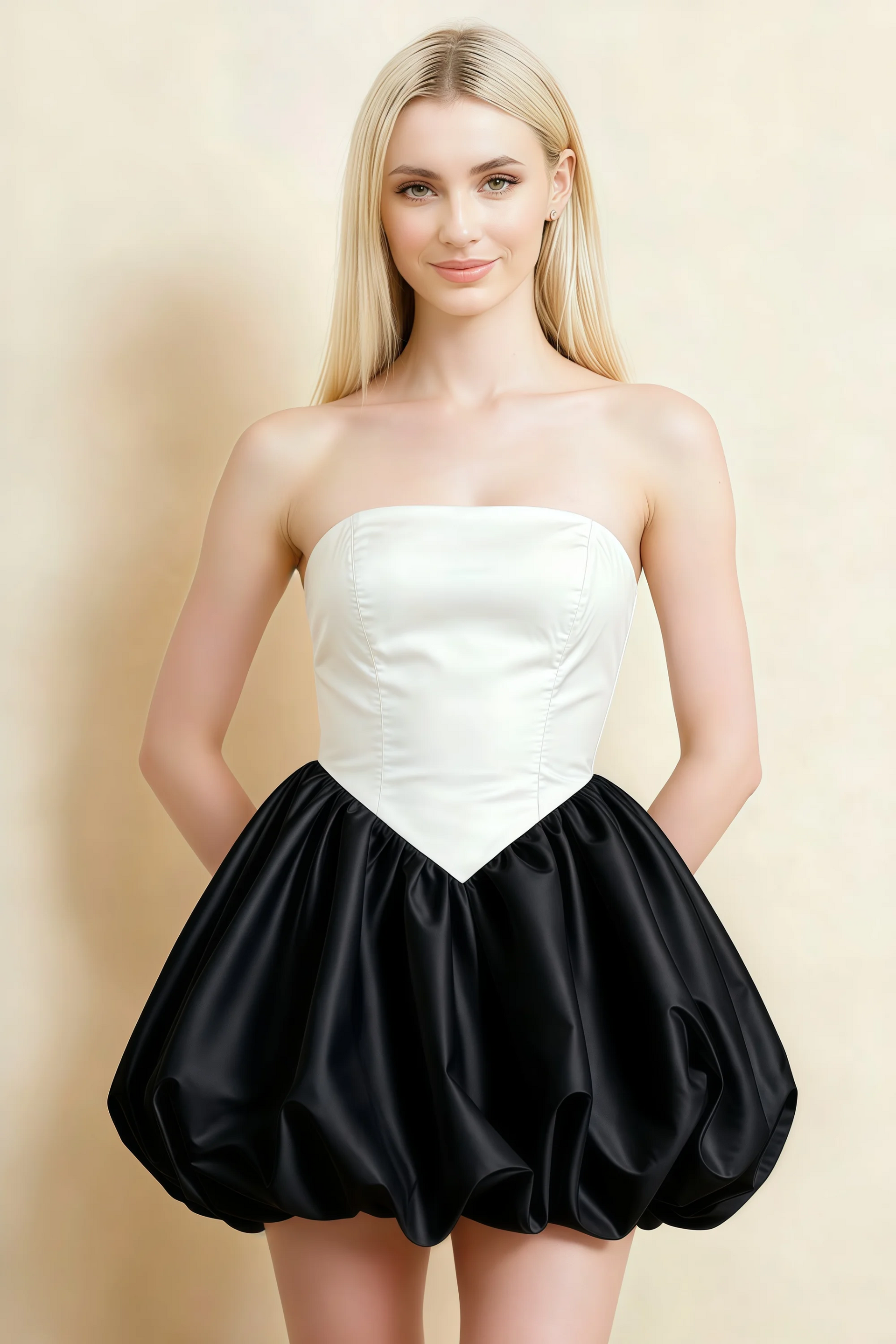 Annie White and Black Satin Corset Bow Mini Dress with Bubble Hems