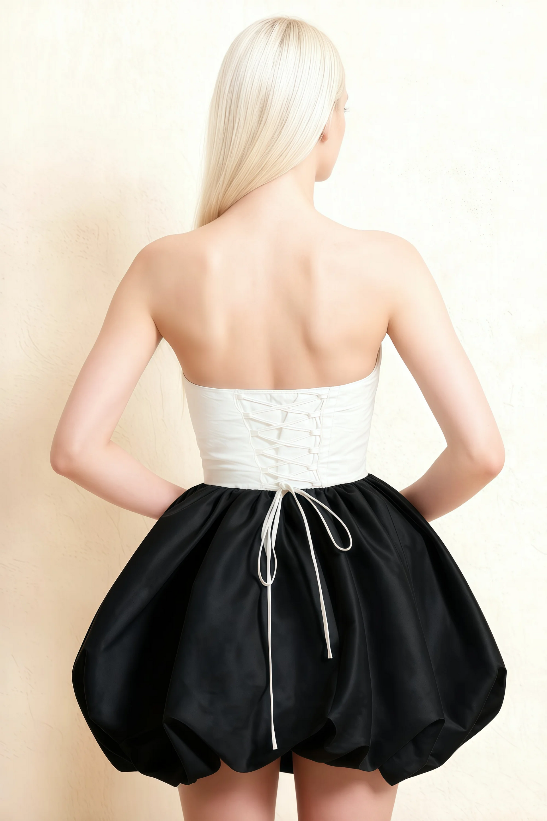 Annie White and Black Satin Corset Bow Mini Dress with Bubble Hems