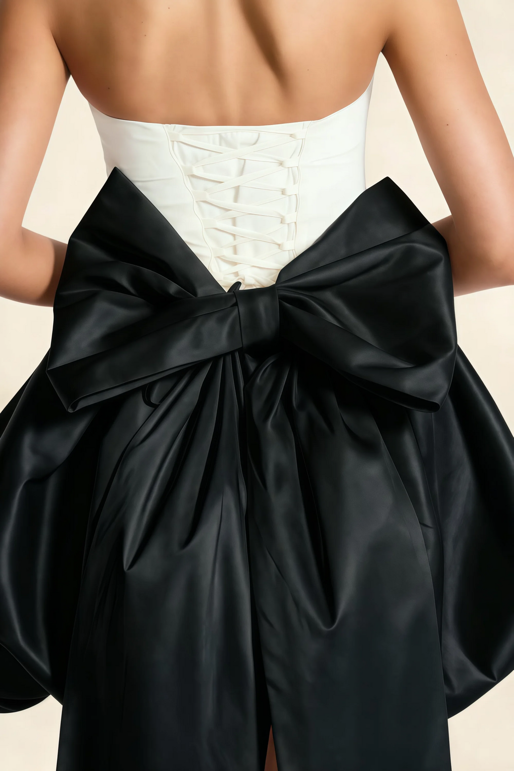 Annie White and Black Satin Corset Bow Mini Dress with Bubble Hems