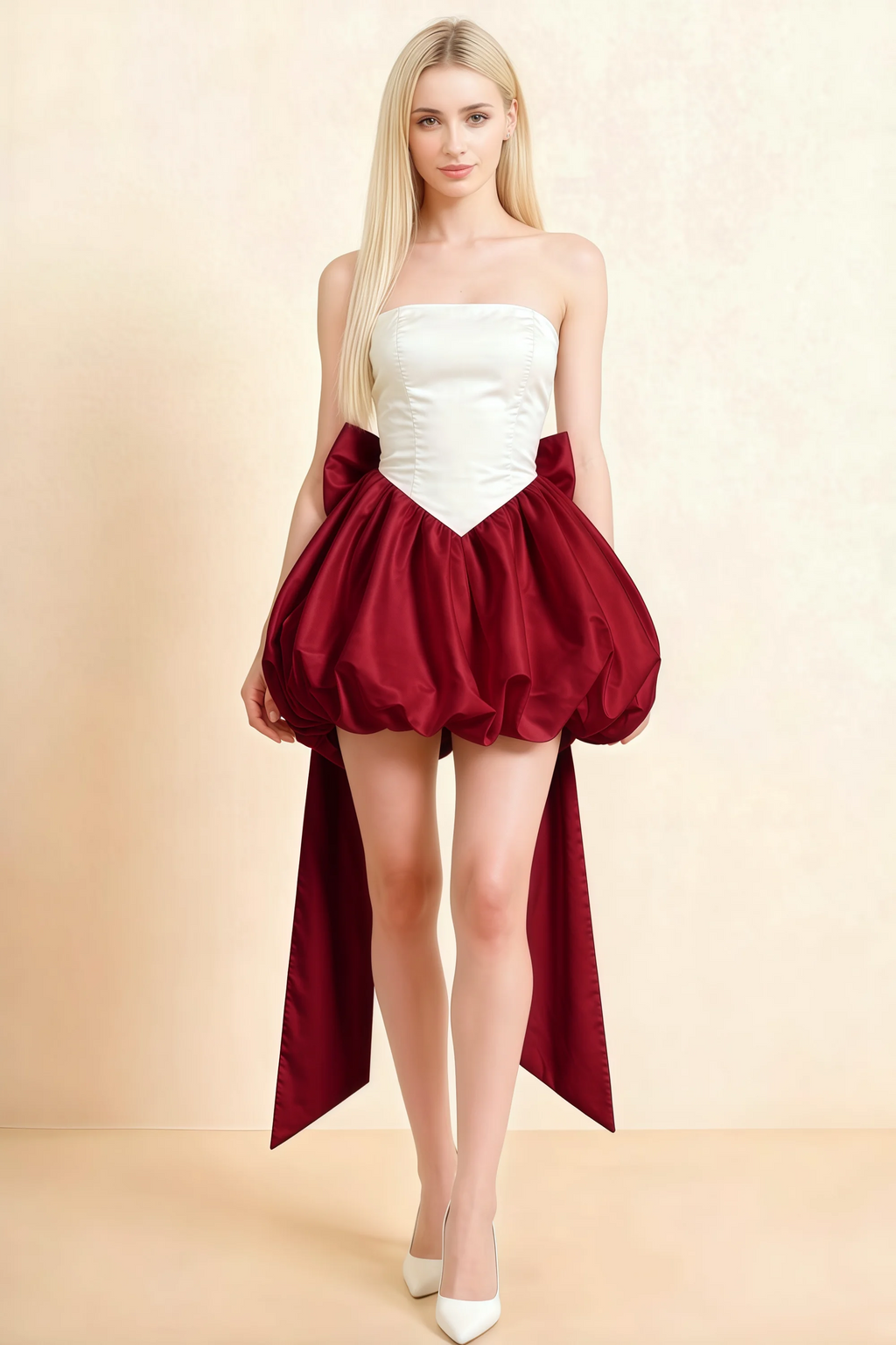 Annie White and Burgundy Satin Corset Bow Mini Dress with Bubble Hems