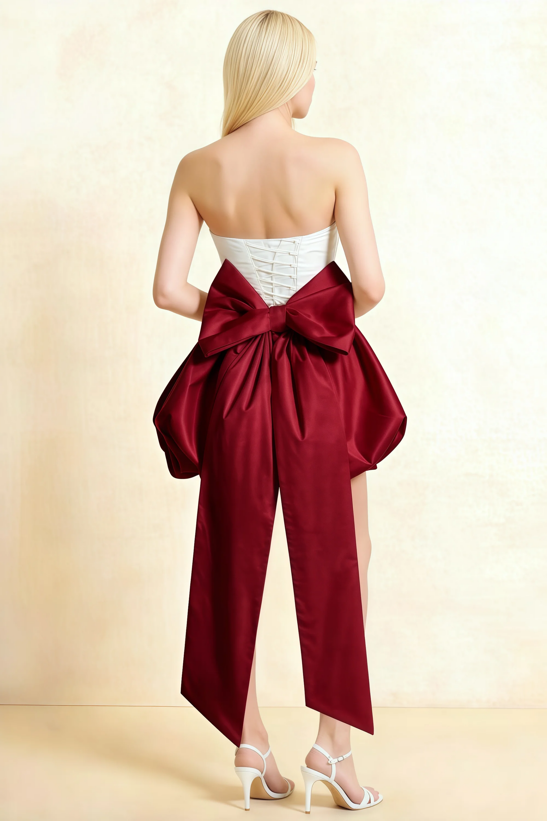 Annie White and Burgundy Satin Corset Bow Mini Dress with Bubble Hems