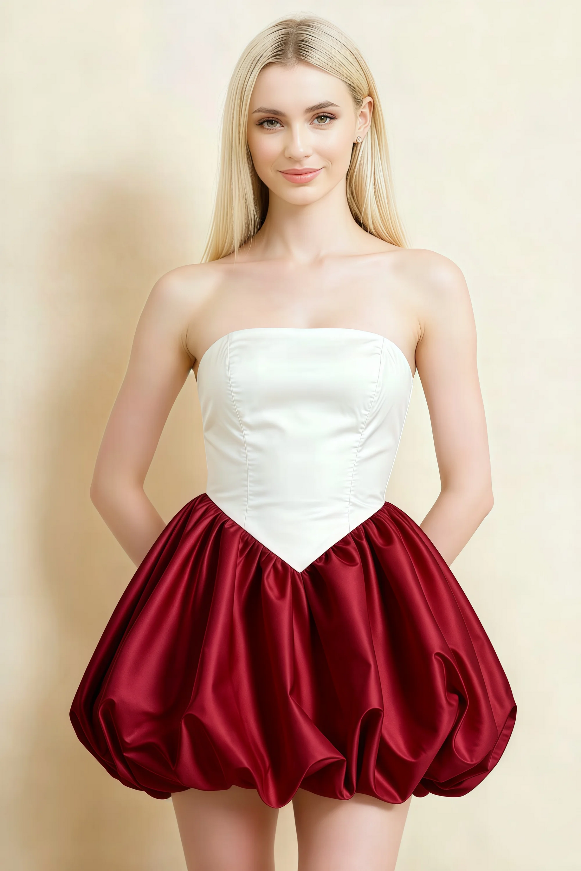 Annie White and Burgundy Satin Corset Bow Mini Dress with Bubble Hems
