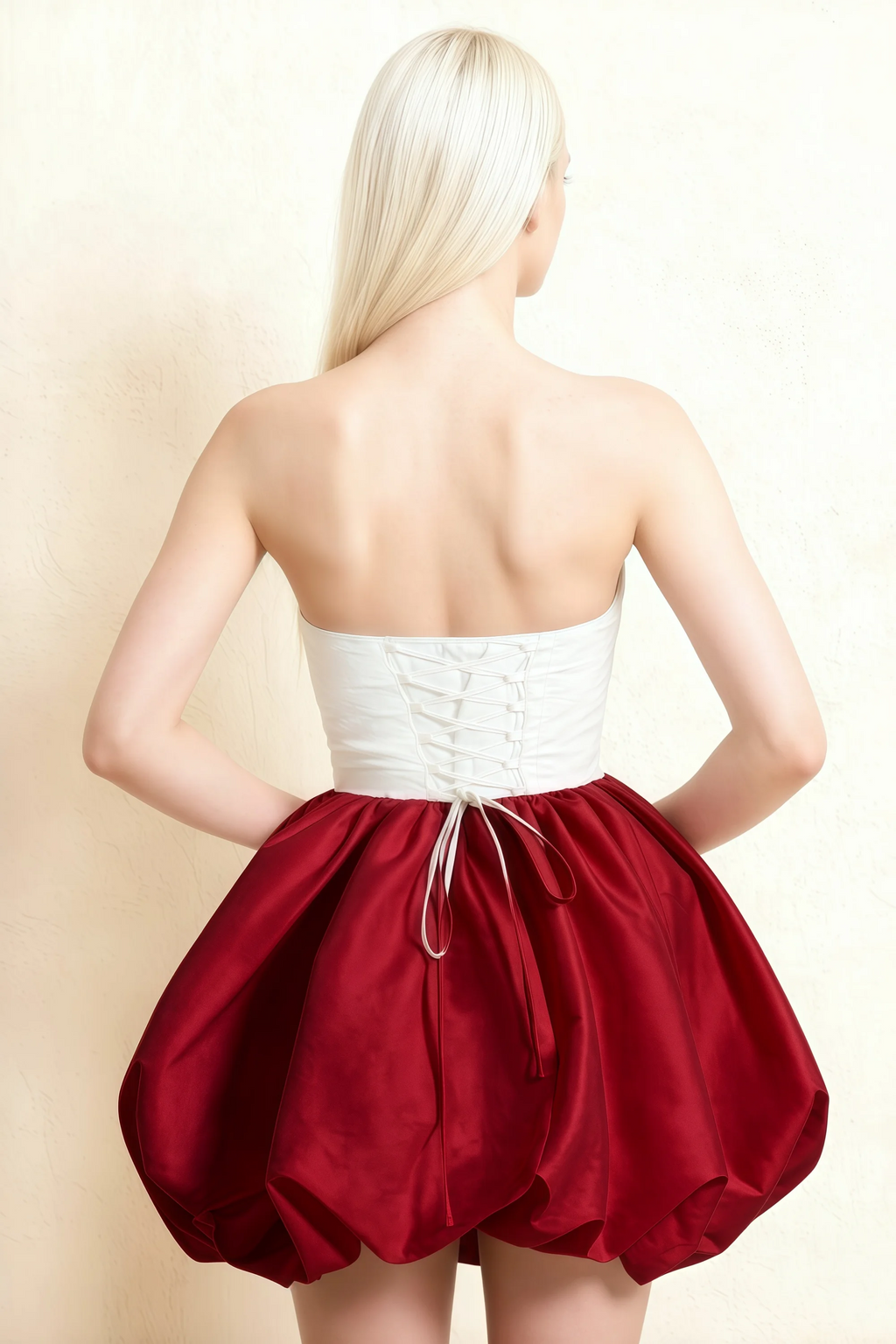 Annie White and Burgundy Satin Corset Bow Mini Dress with Bubble Hems