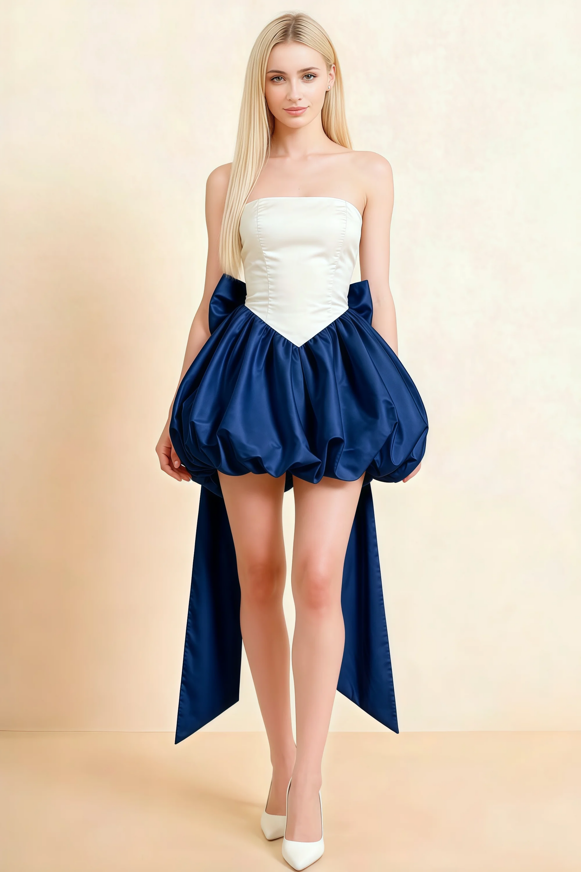 Annie White and Navy Satin Corset Bow Mini Dress with Bubble Hems