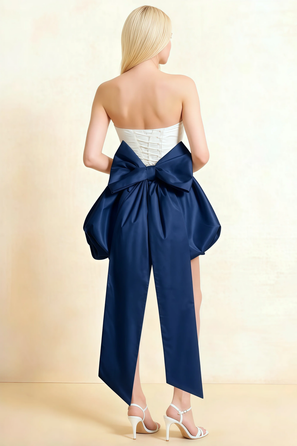 Annie White and Navy Satin Corset Bow Mini Dress with Bubble Hems