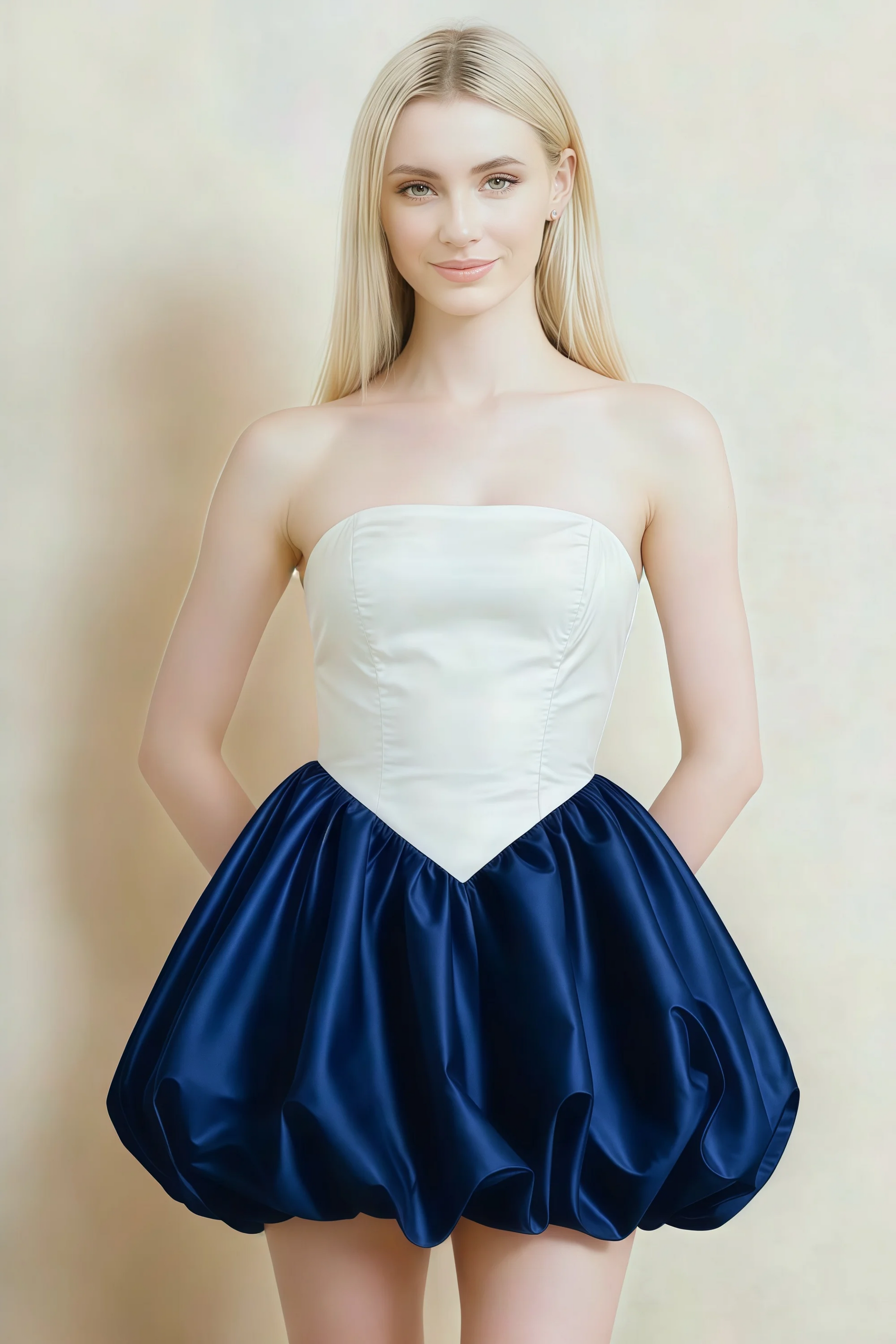 Annie White and Navy Satin Corset Bow Mini Dress with Bubble Hems