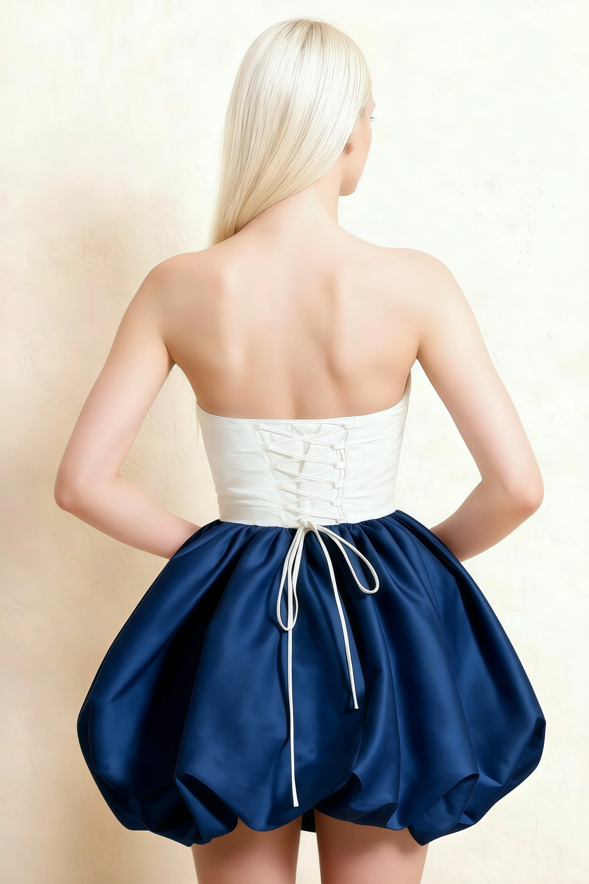 Annie White and Navy Satin Corset Bow Mini Dress with Bubble Hems