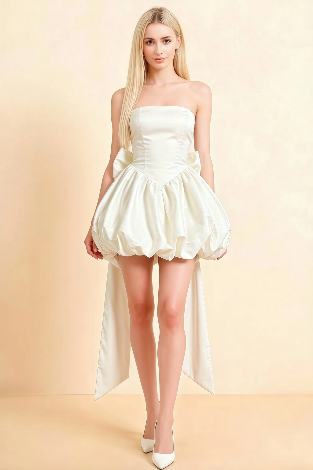 Annie White Satin Corset Bow Mini Dress with Bubble Hems