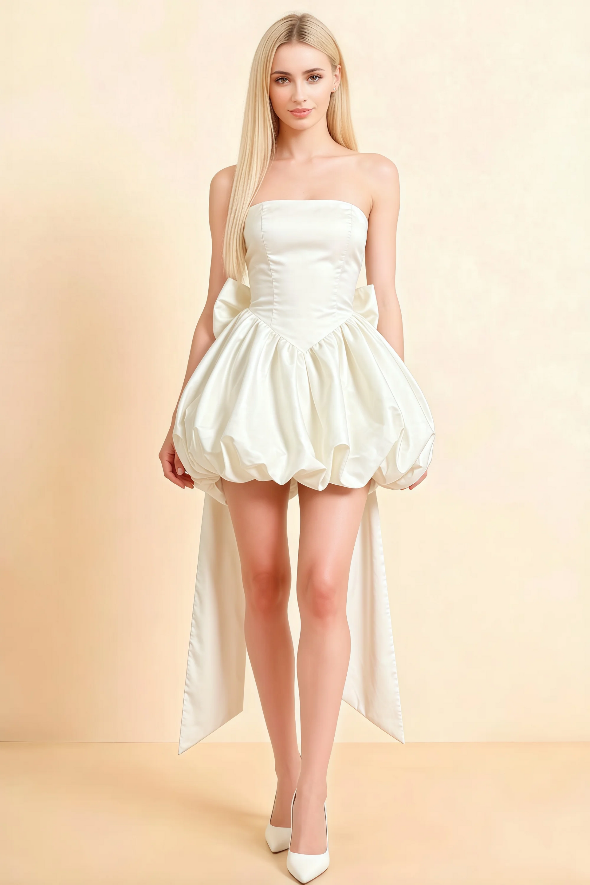 Annie White Satin Corset Bow Mini Dress with Bubble Hems