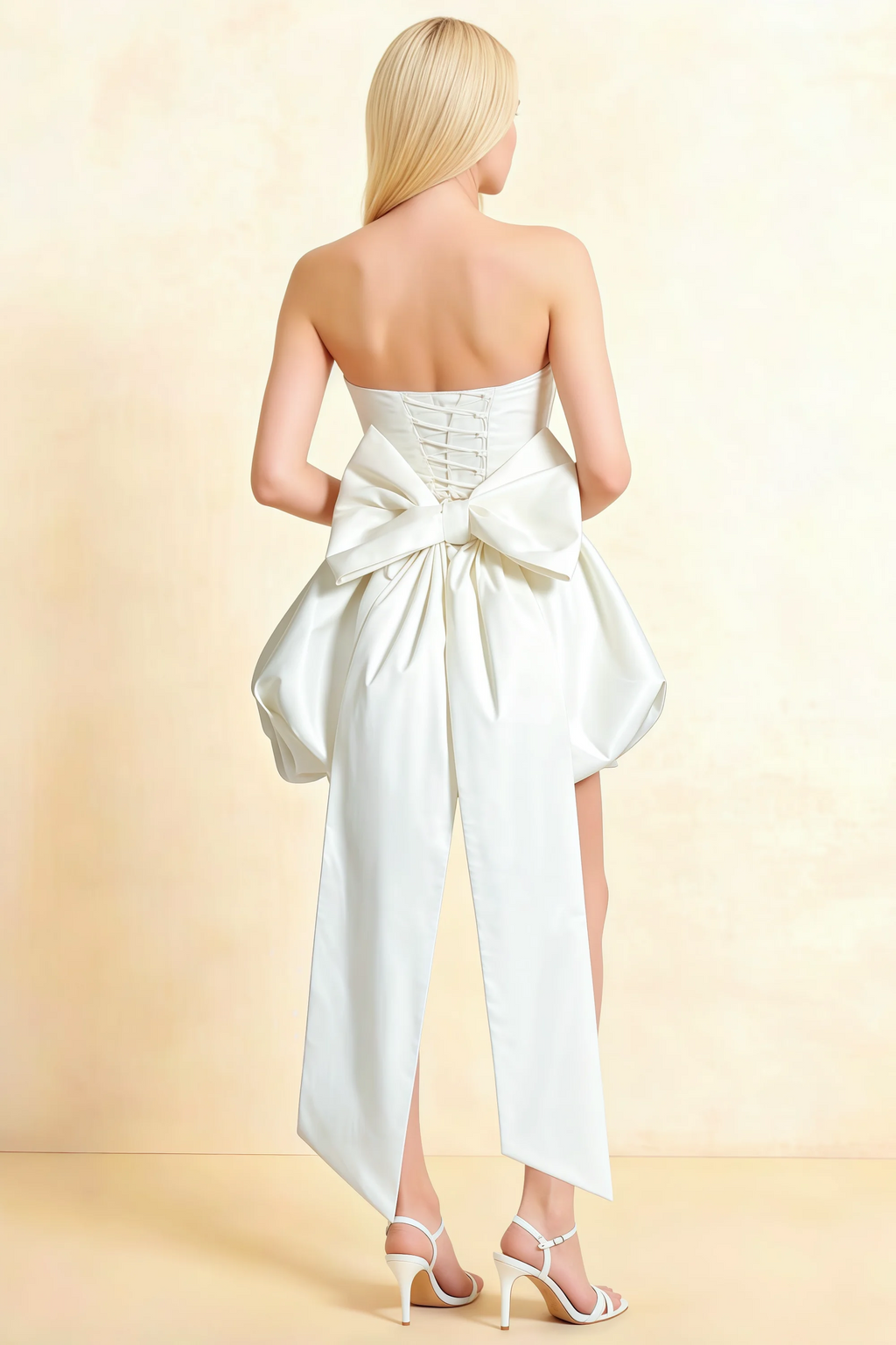 Annie White Satin Corset Bow Mini Dress with Bubble Hems
