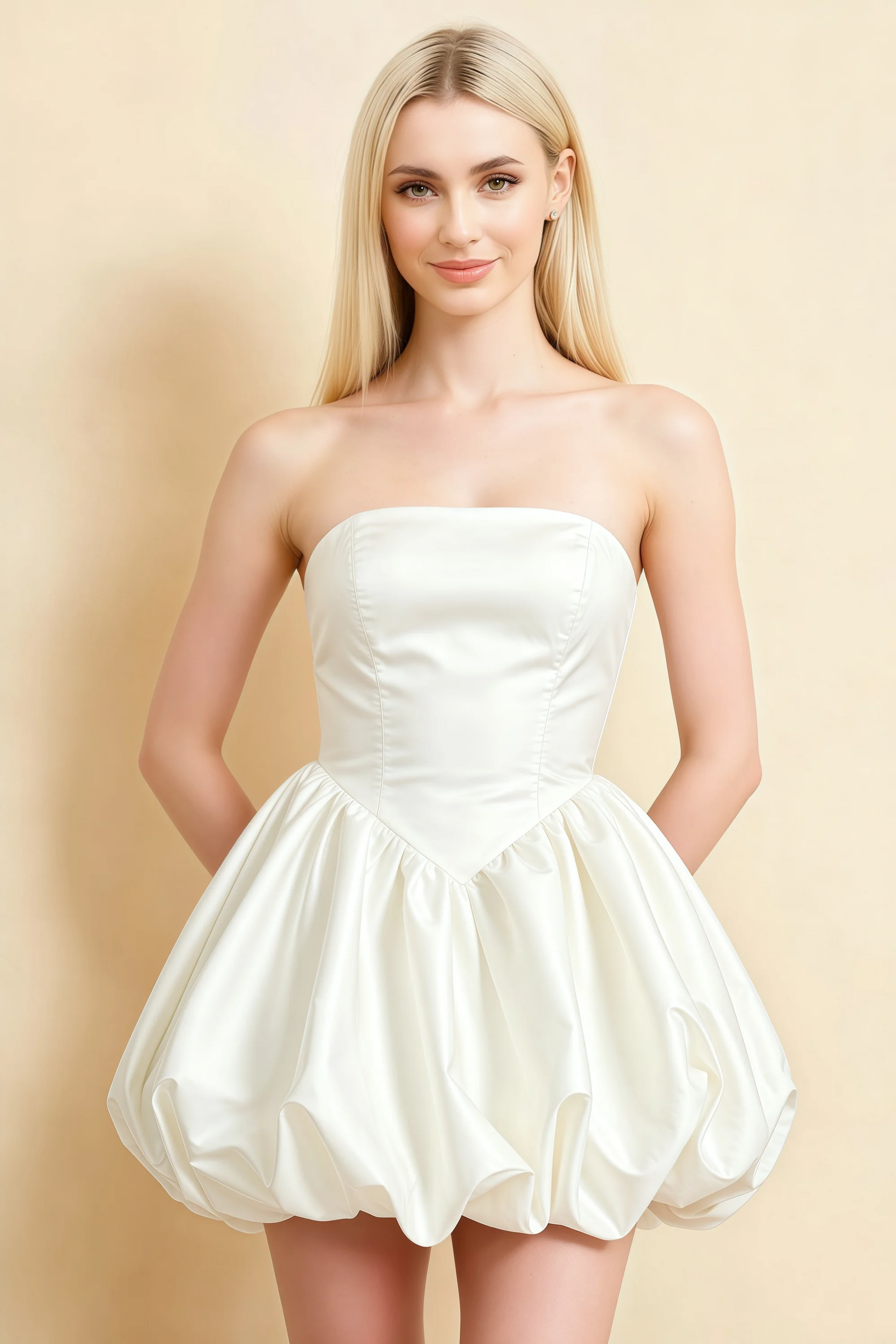 Annie White Satin Corset Bow Mini Dress with Bubble Hems